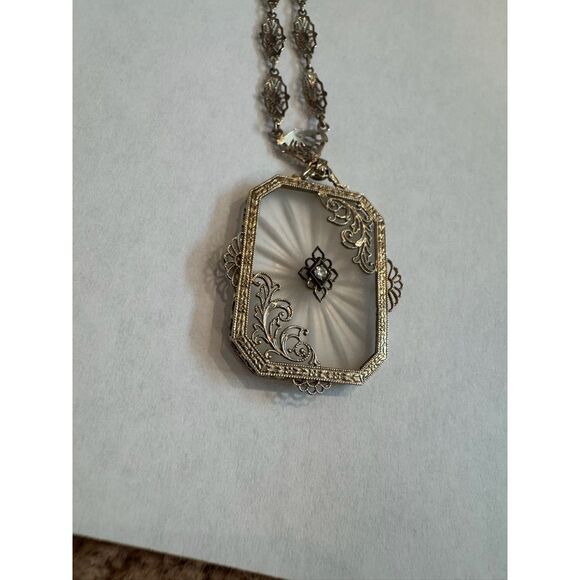 Art Deco Camphor Glass And Diamond Simulant Pendant Necklace - Picture 2 of 6